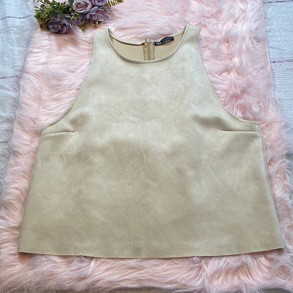 Zara Beige Suede Crop Shell Tank sz L - Picture 1 of 11